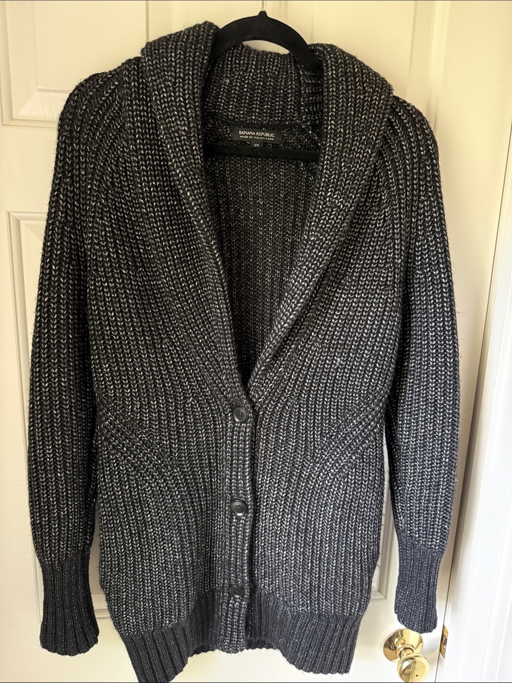 BANANA REPUBLIC WOMEN’S CHARCOAL RIBBED sHAWL-COLLAR BUTTONED CARDIGAN/XS